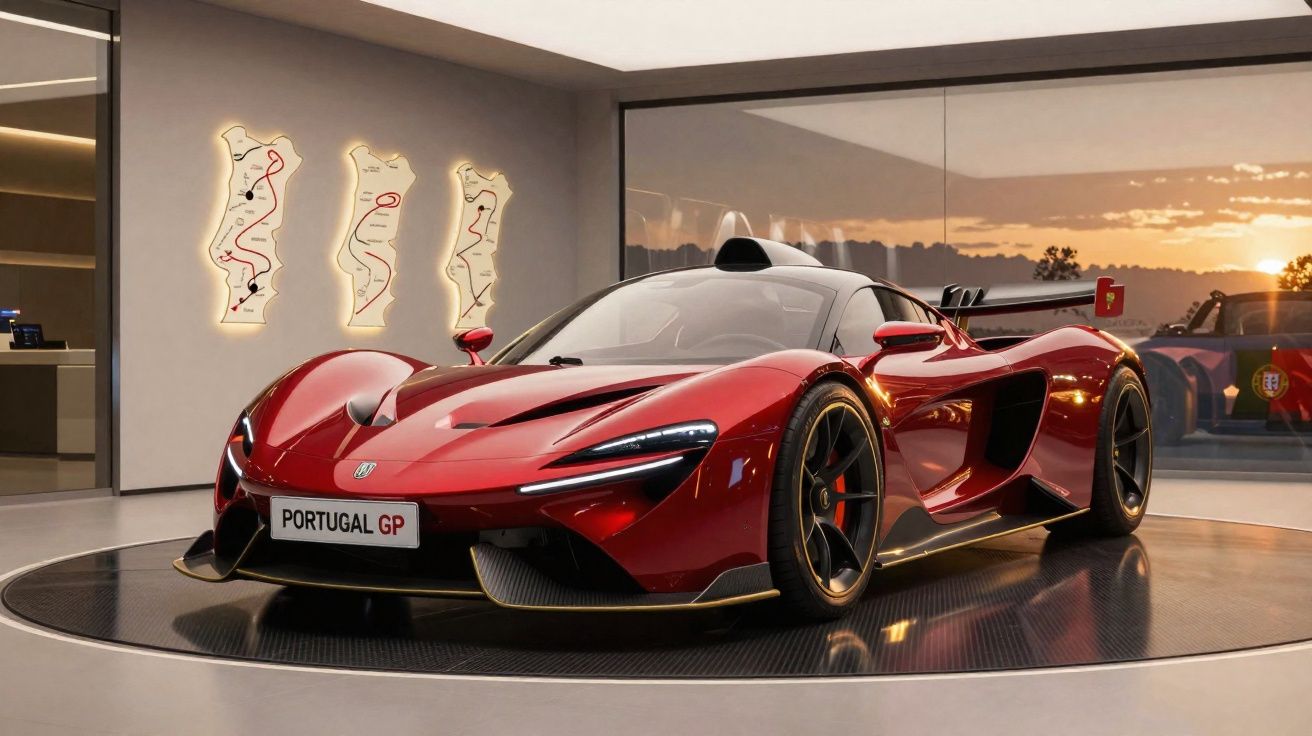 Roter Hochleistungssportwagen in modernem Showroom mit Portugal GP Kennzeichen und beleuchteten Rennstreckenkarten.
