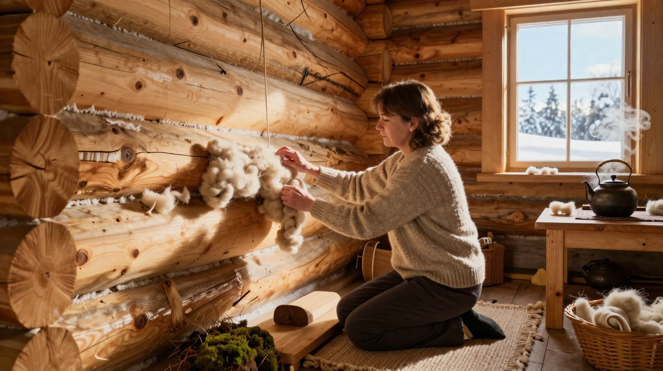 Frau isoliert Holzwand eines Blockhauses mit Wolle, Winterlandschaft durch Fenster sichtbar.