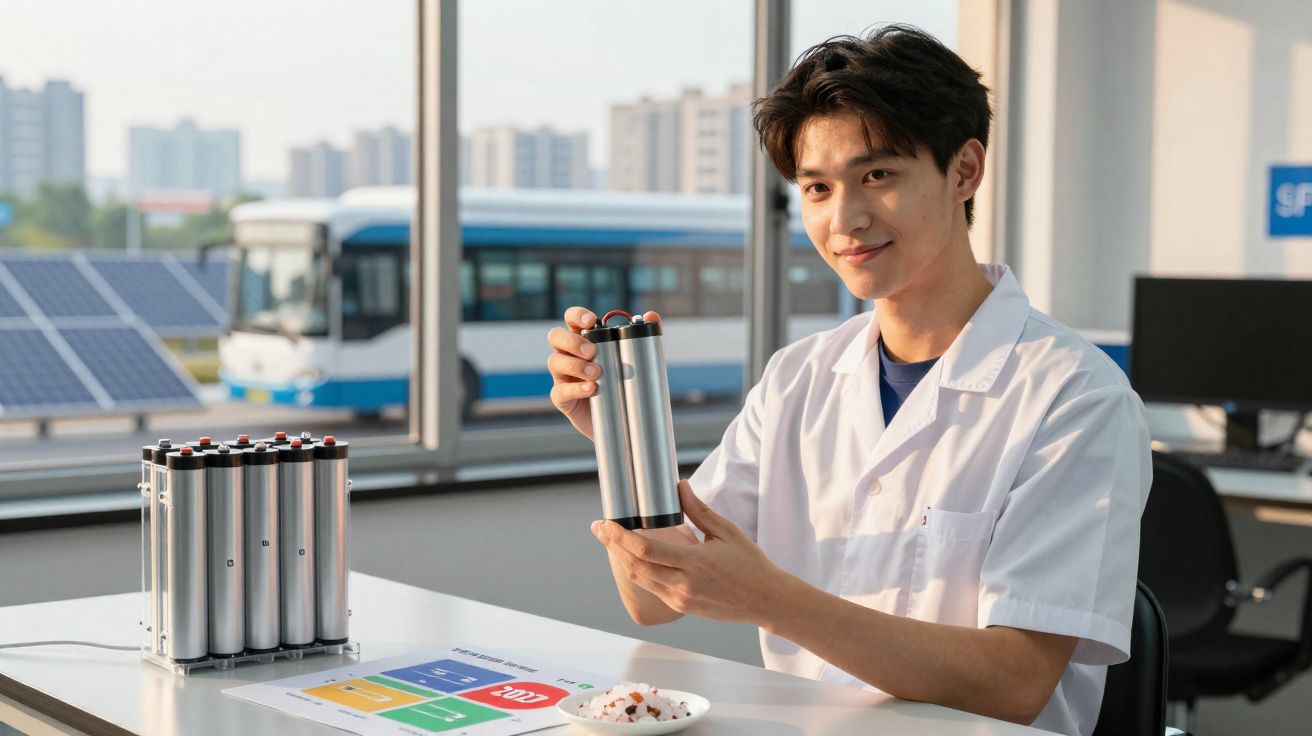 Mann im Labor präsentiert eine silberne Batteriezelle, Solarpaneele und Bus sind im Hintergrund sichtbar.