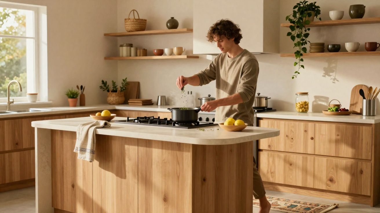 Junger Mann würzt Essen am Herd in moderner, heller Küche mit Holzfronten und Pflanzen.