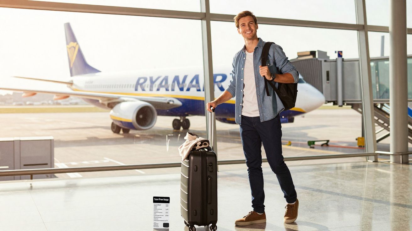 Junger Mann mit Rucksack und Koffer steht lächelnd im Flughafen vor einem Ryanair-Flugzeug am Gate.