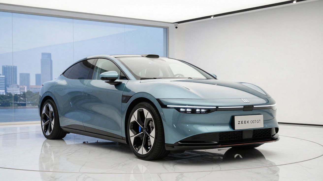 Blauer Zeekr 007 GT Elektroauto in modernem Showroom mit großem Fenster und Stadtblick im Hintergrund.