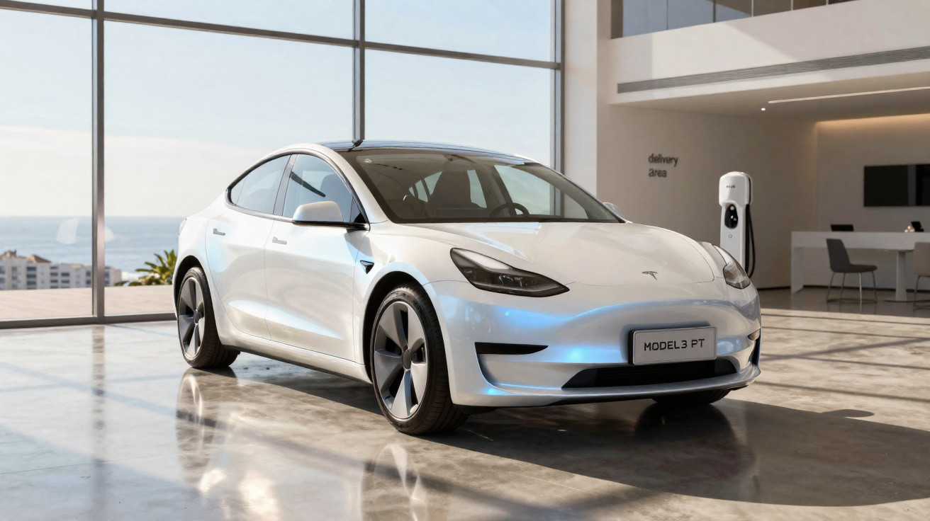 Weißer Tesla Model 3 Elektroauto steht in modernem Showroom mit großer Fensterfront und Ladestation.