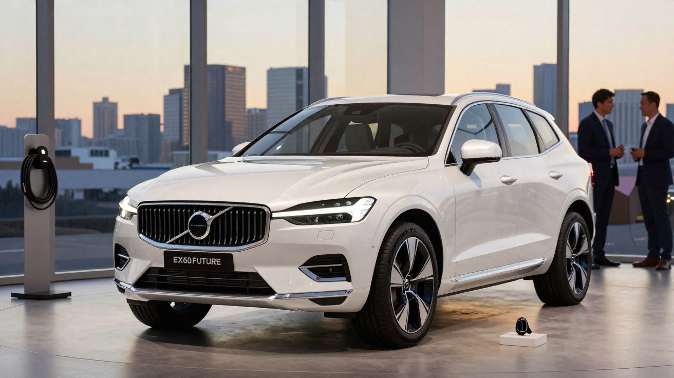 Weißer Volvo EX60 Elektro-SUV in moderner Ausstellungshalle mit Skyline im Hintergrund.