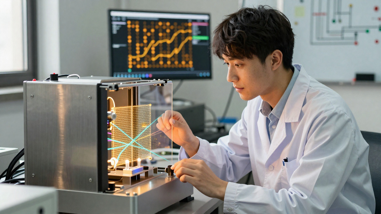 Wissenschaftler in weißem Laborkittel arbeitet an einem High-Tech-Gerät in einem modernen Labor.