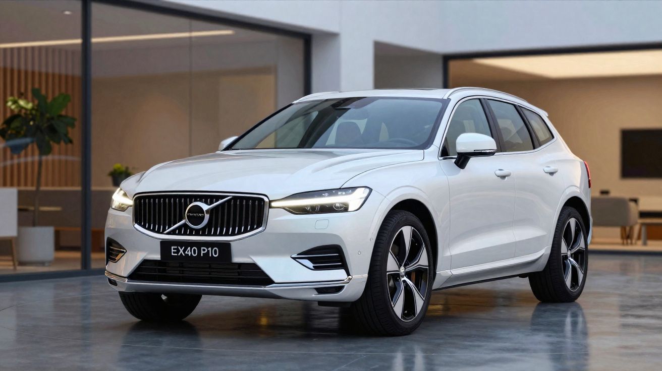 Weißer Volvo EX40 P10 SUV in moderner, heller Innenraumumgebung auf glänzendem Boden geparkt.