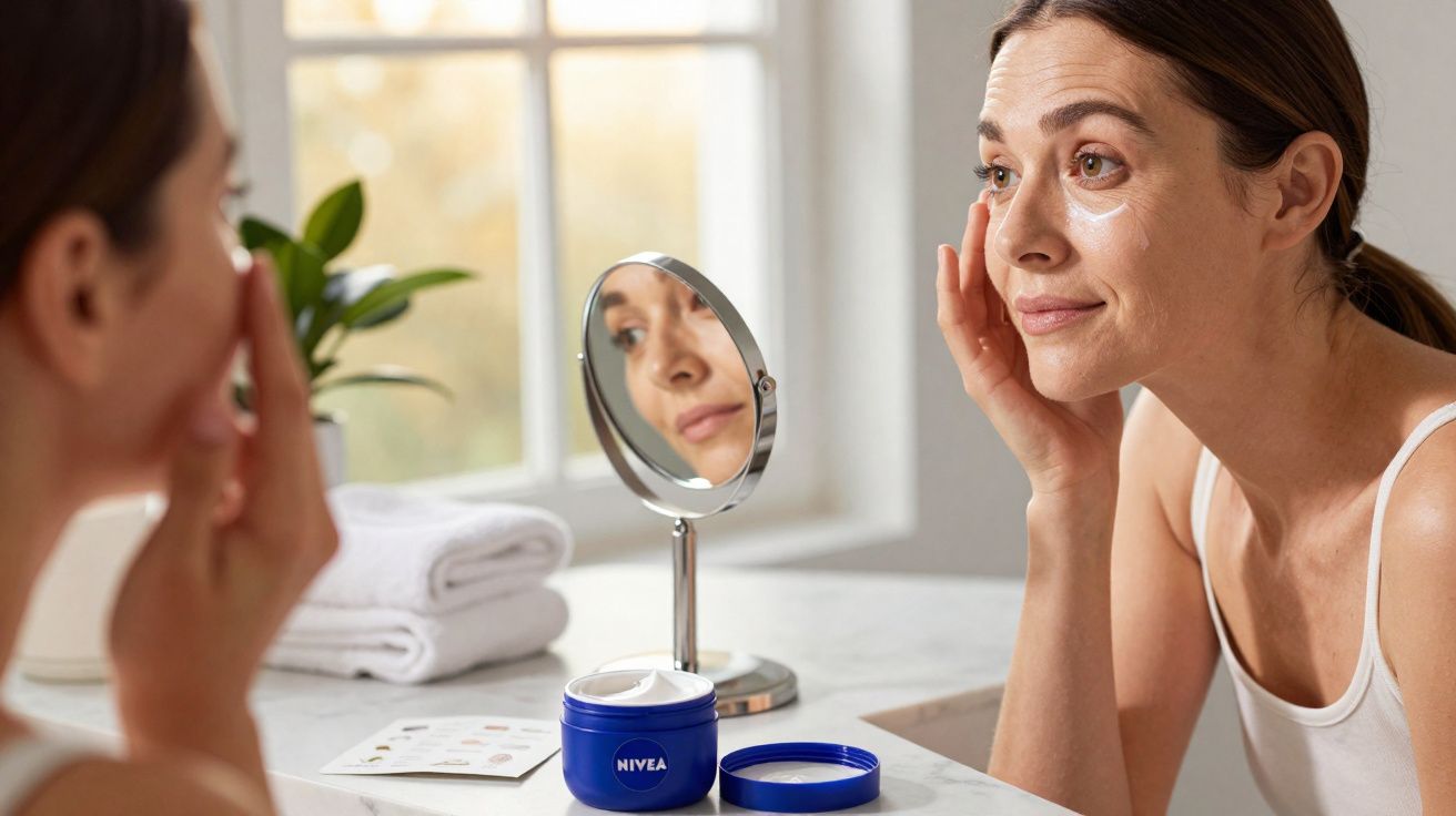 Frau trägt Gesichtscreme auf, Blick in Spiegel, Nivea Creme steht auf dem Waschbecken neben gefalteten Handtüchern.