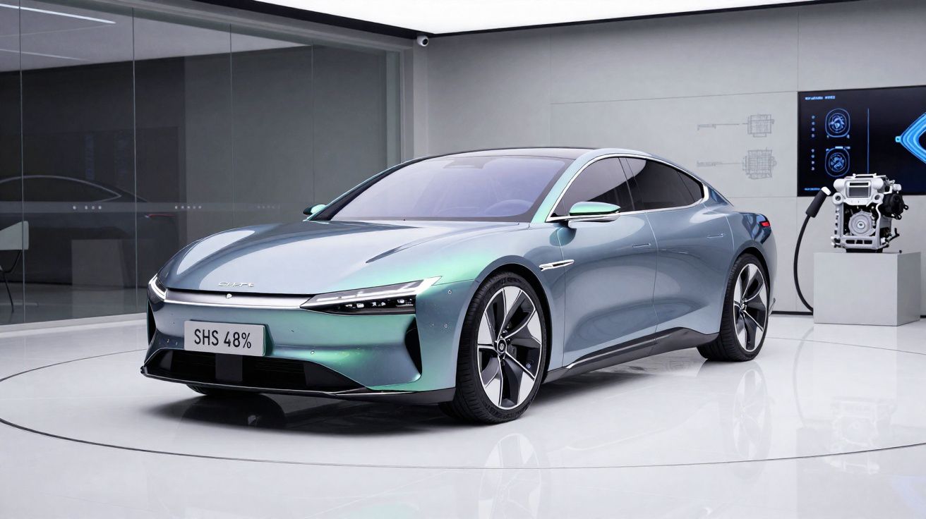 Moderner, silberner Elektro-Sportwagen in hellem Showroom mit Ladestation und Motoren-Display im Hintergrund.