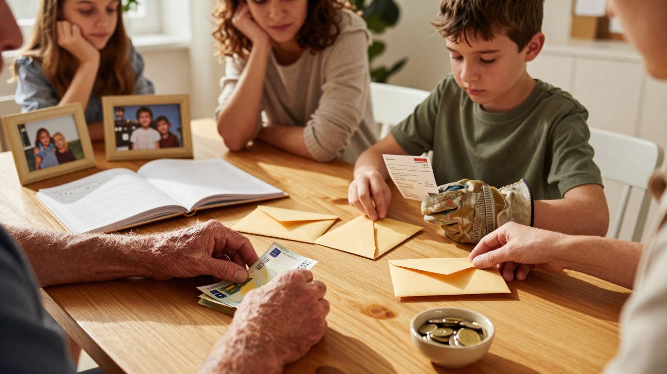 Familie am Tisch, Kind öffnet Brief, ältere Person zählt Geldscheine, Fotos und Münzen auf dem Tisch.