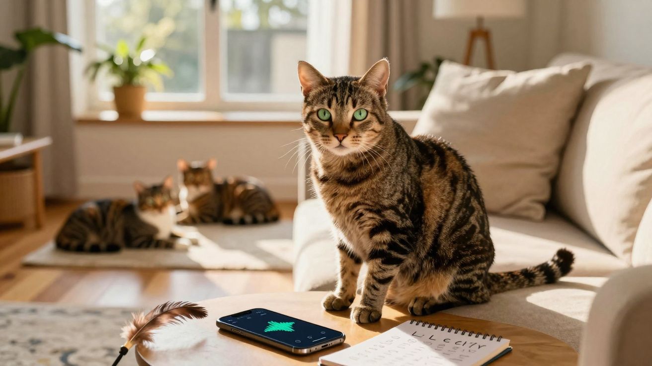 Getigerte Katze sitzt auf Tisch neben Smartphone und Notizblock in hellem Wohnzimmer mit weiteren Katzen im Hintergrund.
