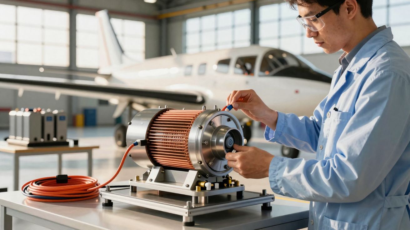 Ingenieur überprüft Elektromotor auf Tisch in Flugzeughangar mit Passagierflugzeug im Hintergrund.