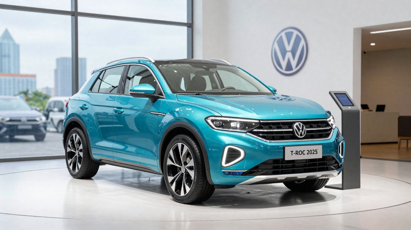 Blauer Volkswagen T-Roc 2025 SUV im Ausstellungsraum mit VW-Logo an der Wand im Hintergrund.