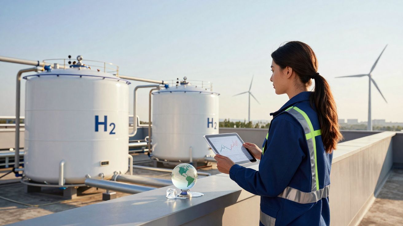 Frau in Schutzkleidung mit Tablet vor Wasserstofftanks und Windrädern bei klarem Himmel.