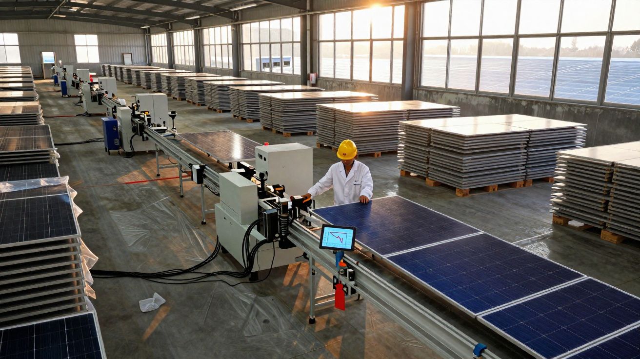 Arbeitskraft mit Schutzhelm prüft Solarpaneele in einer großen, hellen Fertigungshalle voller Stapel.