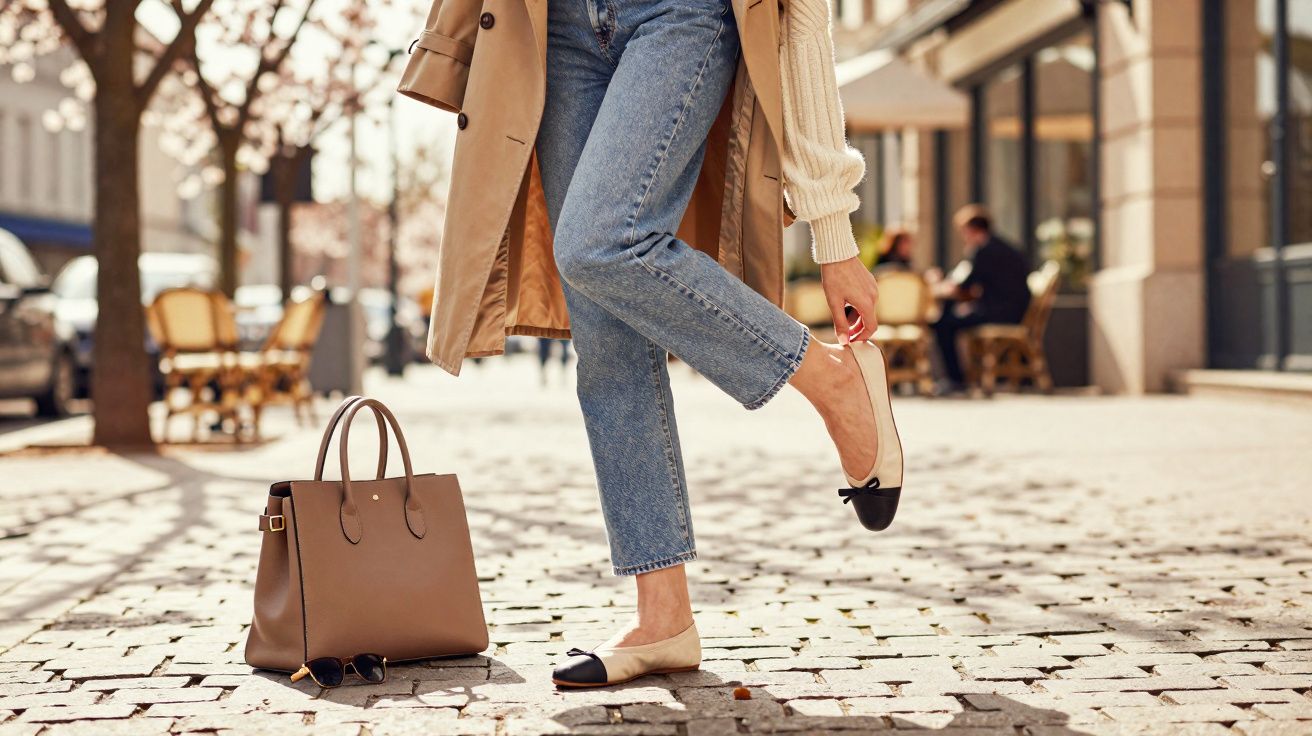 Frau in Jeans und Trenchcoat zieht auf gepflastertem Gehweg schwarze Ballerinas an, Tasche am Boden.