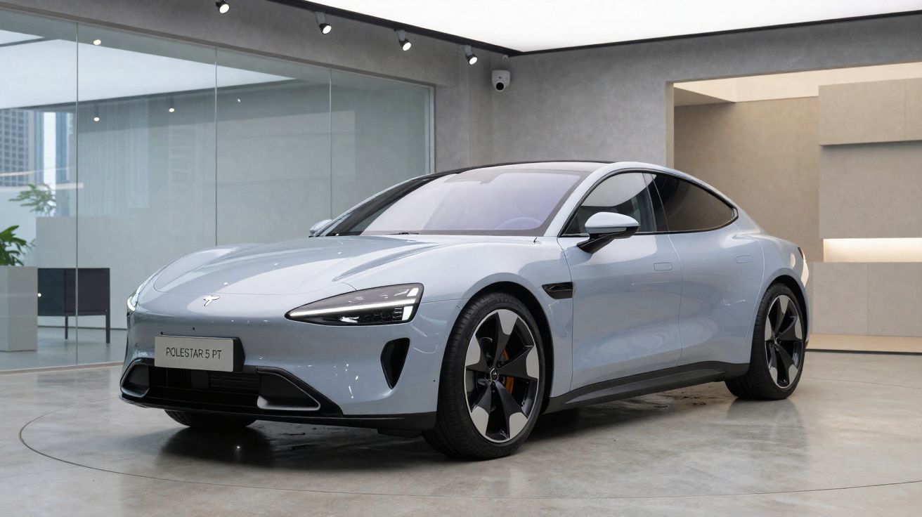 Silberner Polestar 5 Elektro-Sportwagen in modernem Showroom mit Glaswänden und Betonboden.