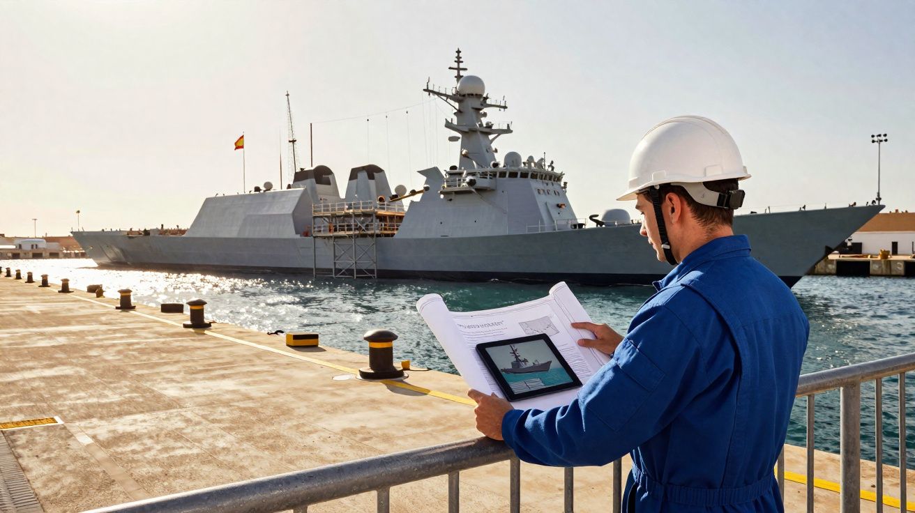 Arbeiter mit Helm liest technische Unterlagen am Hafen, im Hintergrund modernes Kriegsschiff am Kai.