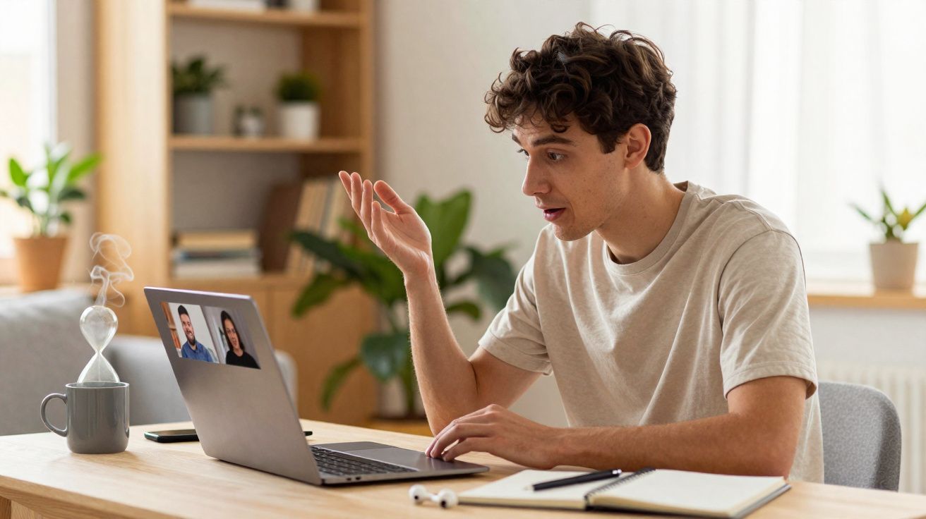 Junger Mann spricht während Videokonferenz am Laptop in hellem, gemütlichem Arbeitszimmer.