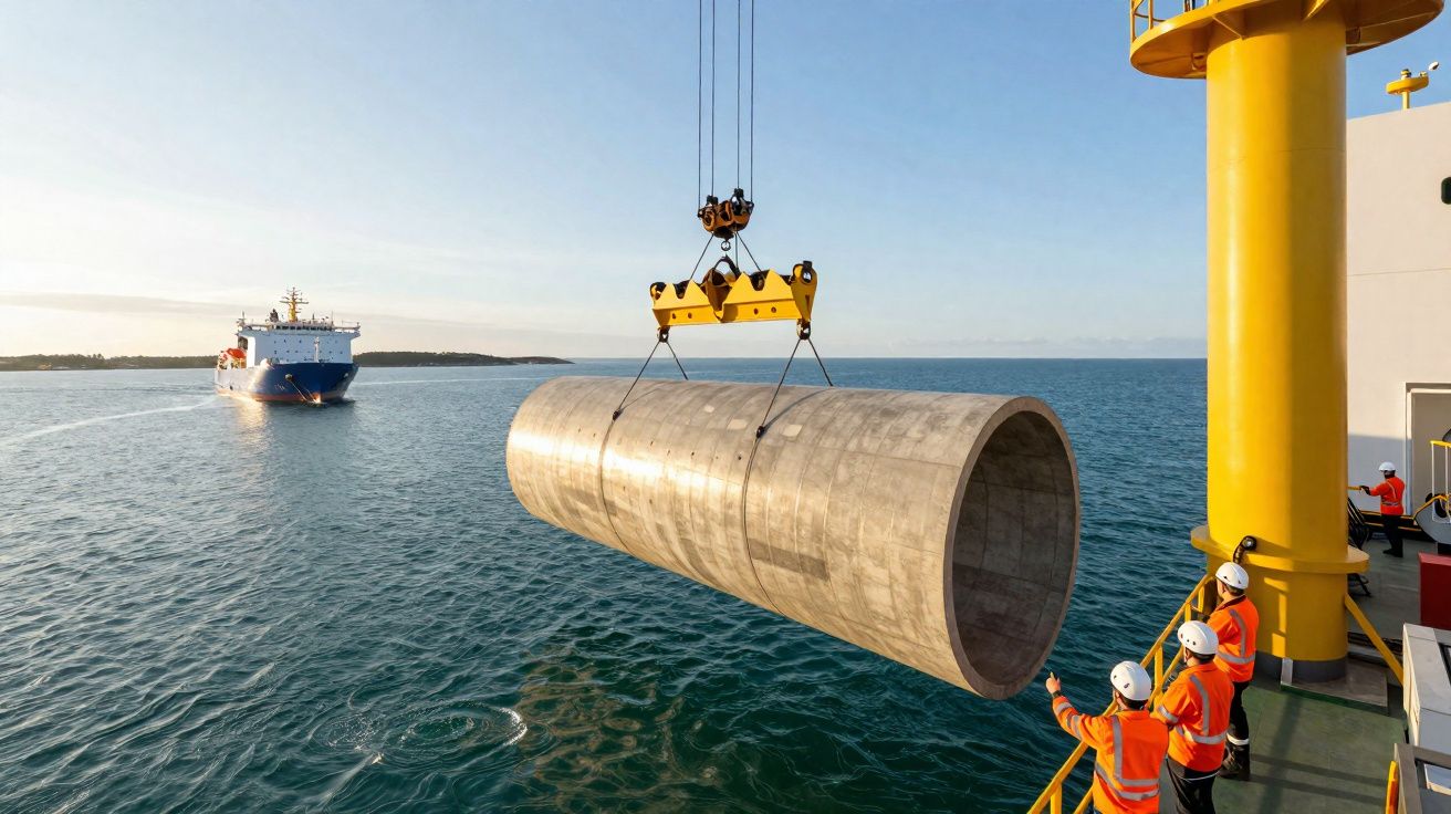 Arbeiter in Schutzkleidung steuern das Anheben eines großen Betonzylinders vom Schiff auf dem Meer.