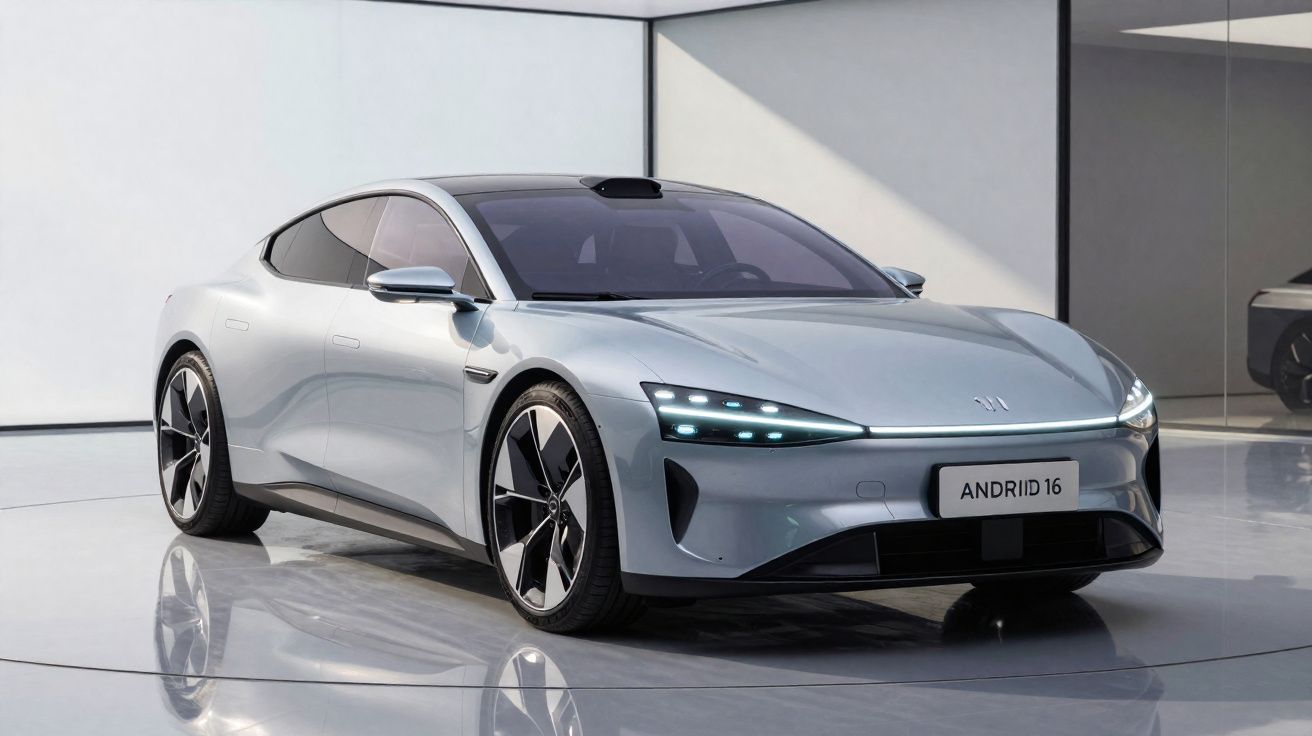 Silbernes Elektroauto mit futuristischem Design in modernem Ausstellungsraum mit reflektierendem Boden.