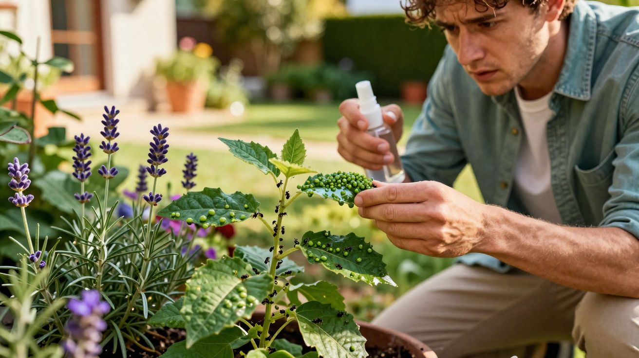 Mann behandelt mit Spray Pflanze im Garten gegen Blattläuse auf einem grünen Blatt.