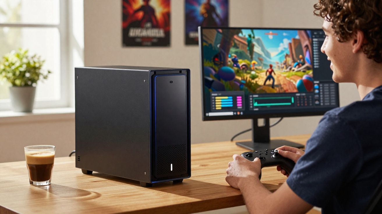 Junger Mann spielt Videospiel mit Gamecontroller an PC mit buntem Action-Spiel auf Monitor am Holztisch.