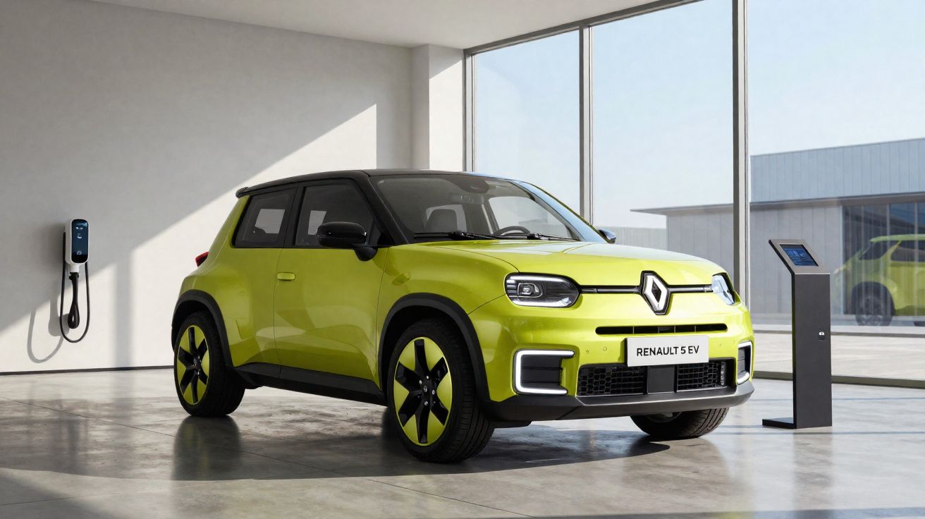 Gelber Renault 5 EV Elektroauto in modernem Raum mit Ladesäule und Infostand vor großen Fenstern.