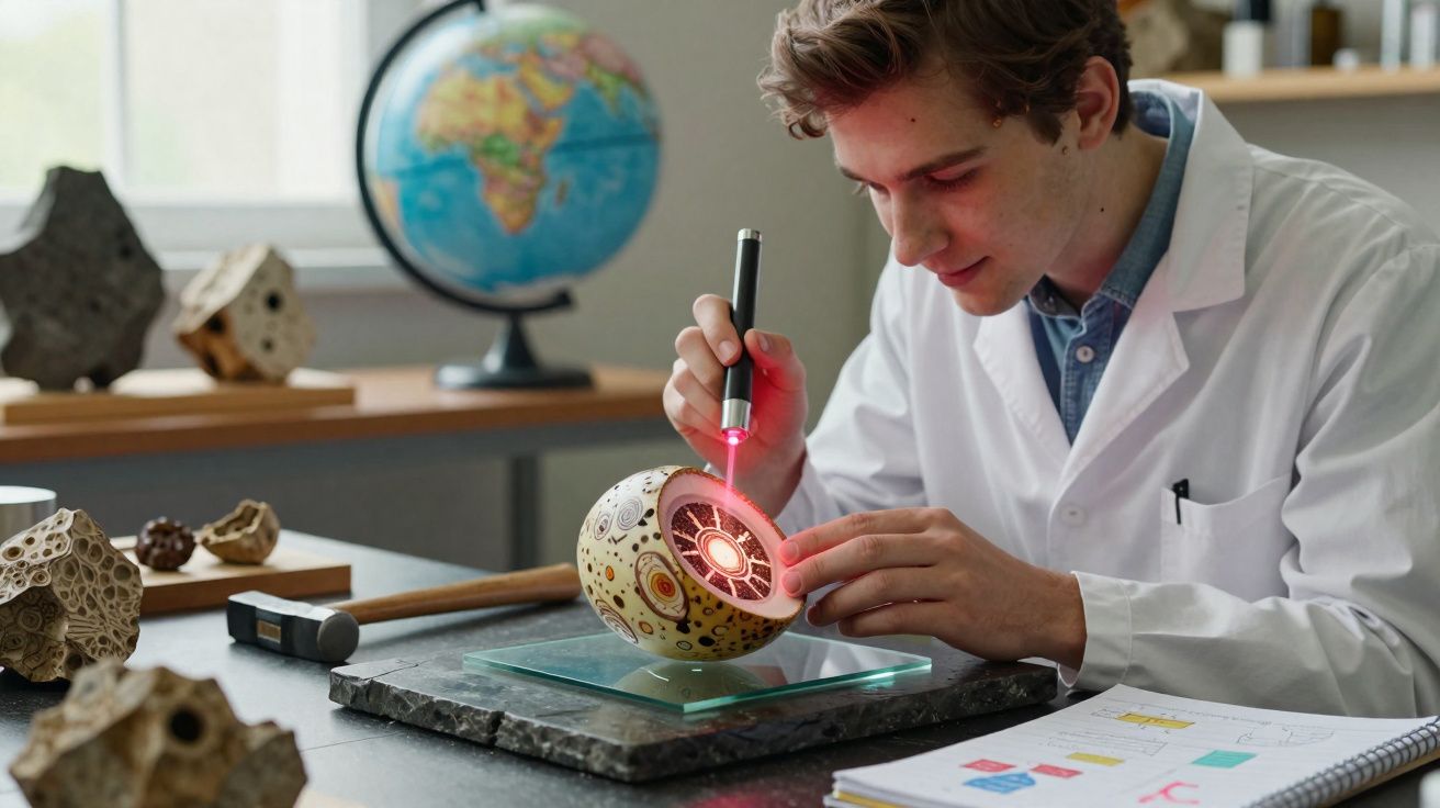 Junger Wissenschaftler in Labor untersucht Modell eines erdähnlichen Planeten mit Laserpointer.