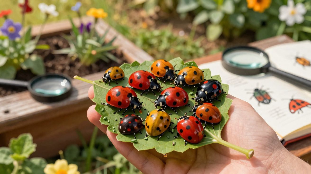 Hand hält grünes Blatt mit verschiedenen rot und orange gefleckten Marienkäfern, Hintergrund Garten und Lupe.
