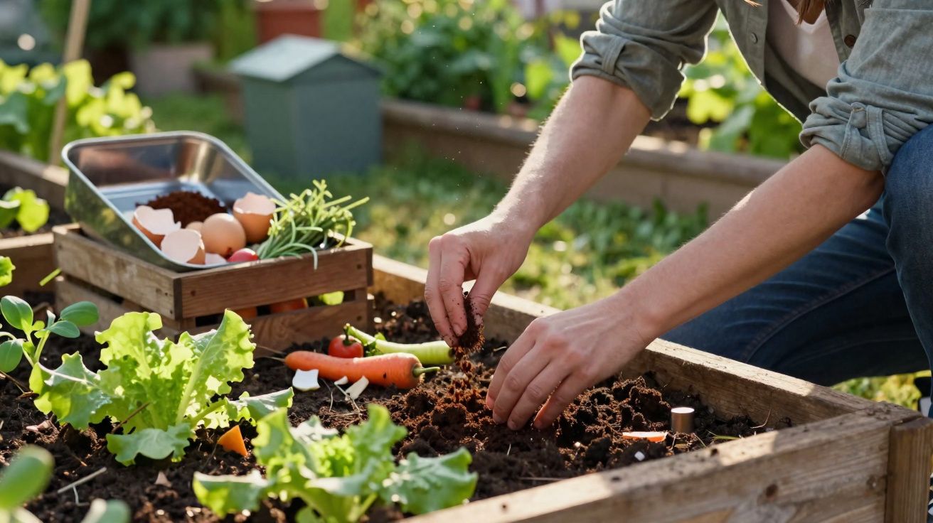 Person pflanzt Gemüse in einem Hochbeet im Garten mit Erde und frischem Gemüse drumherum.