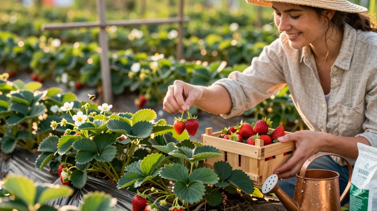 Frau mit Strohhut pflückt Erdbeeren in einem Beet und legt sie in eine Holzkiste bei sonnigem Wetter.