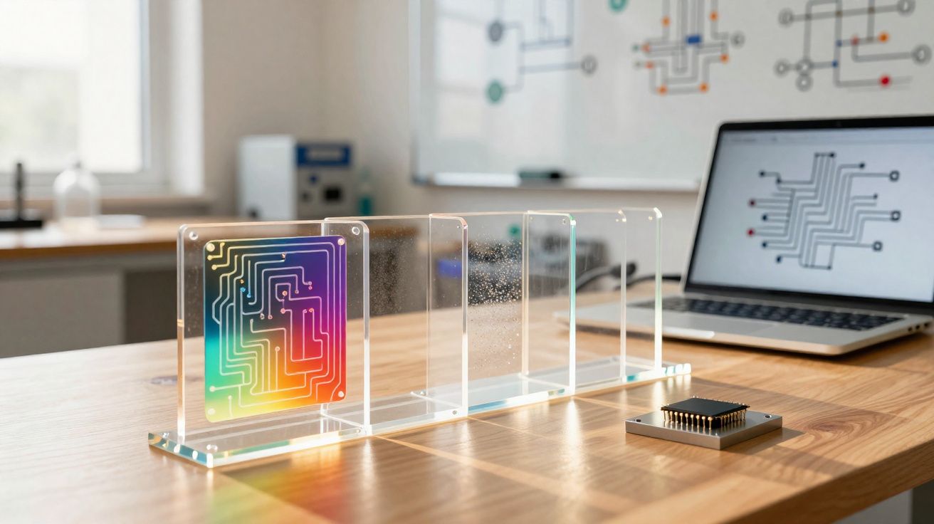 Transparente Platten mit Leiterbahnmuster und ein Mikrochip auf einem Holztisch vor Laptop mit Schaltplan.