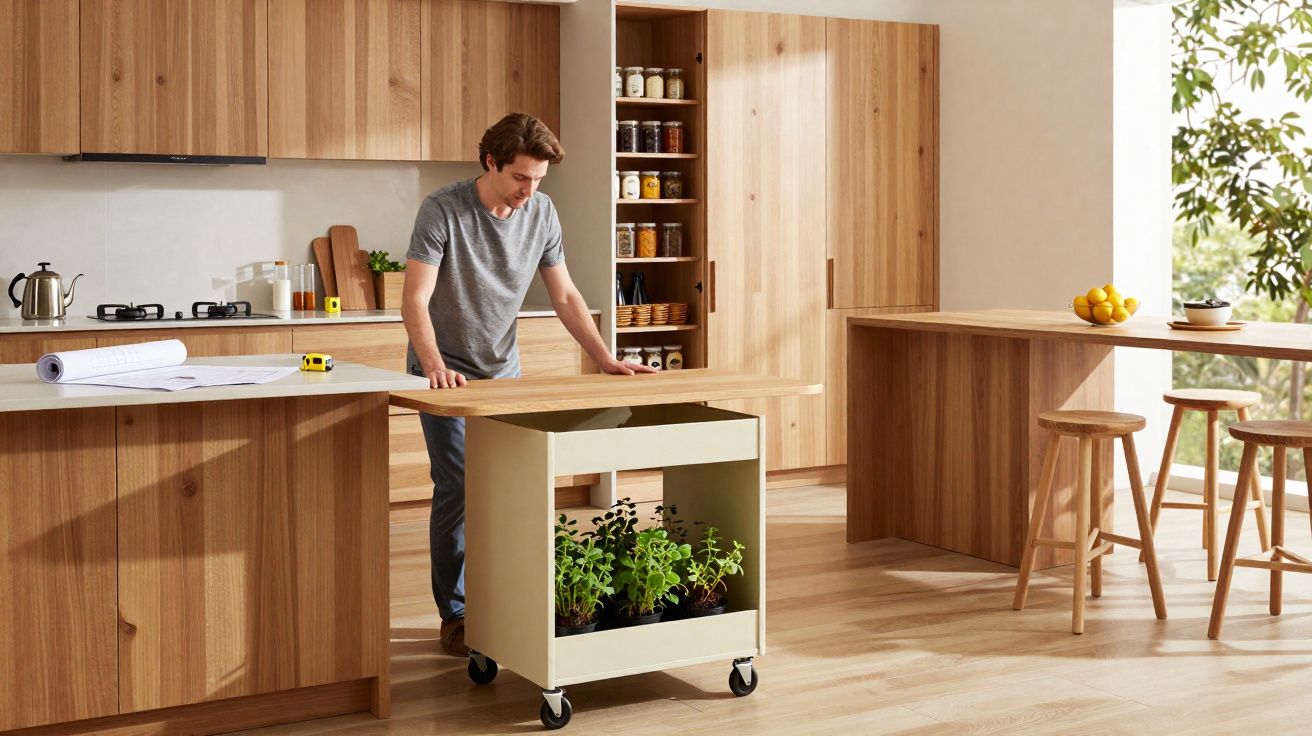 Mann schiebt einen mobilen Küchenwagen mit Kräuterpflanzen in modern gestalteter Holz-Küche.