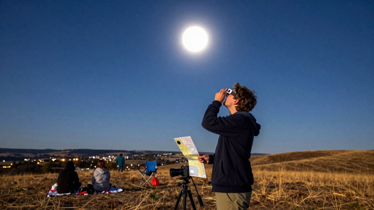 Person mit Fernglas und Karte bei Vollmond auf offenem Feld, weitere Personen im Hintergrund sitzend.