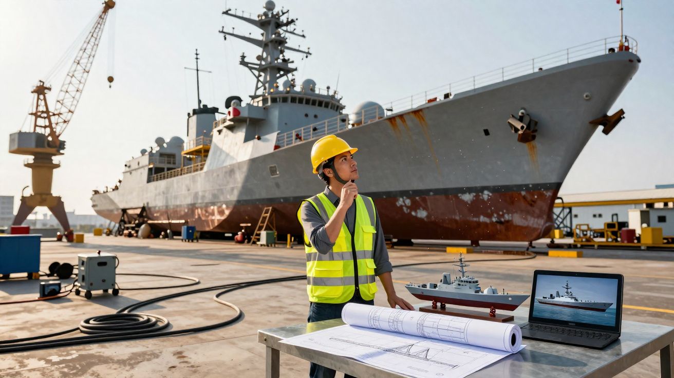 Ingenieur mit Helm und Weste prüft Schiffsentwürfe vor großem Kriegsschiff im Dockyard bei Tageslicht.