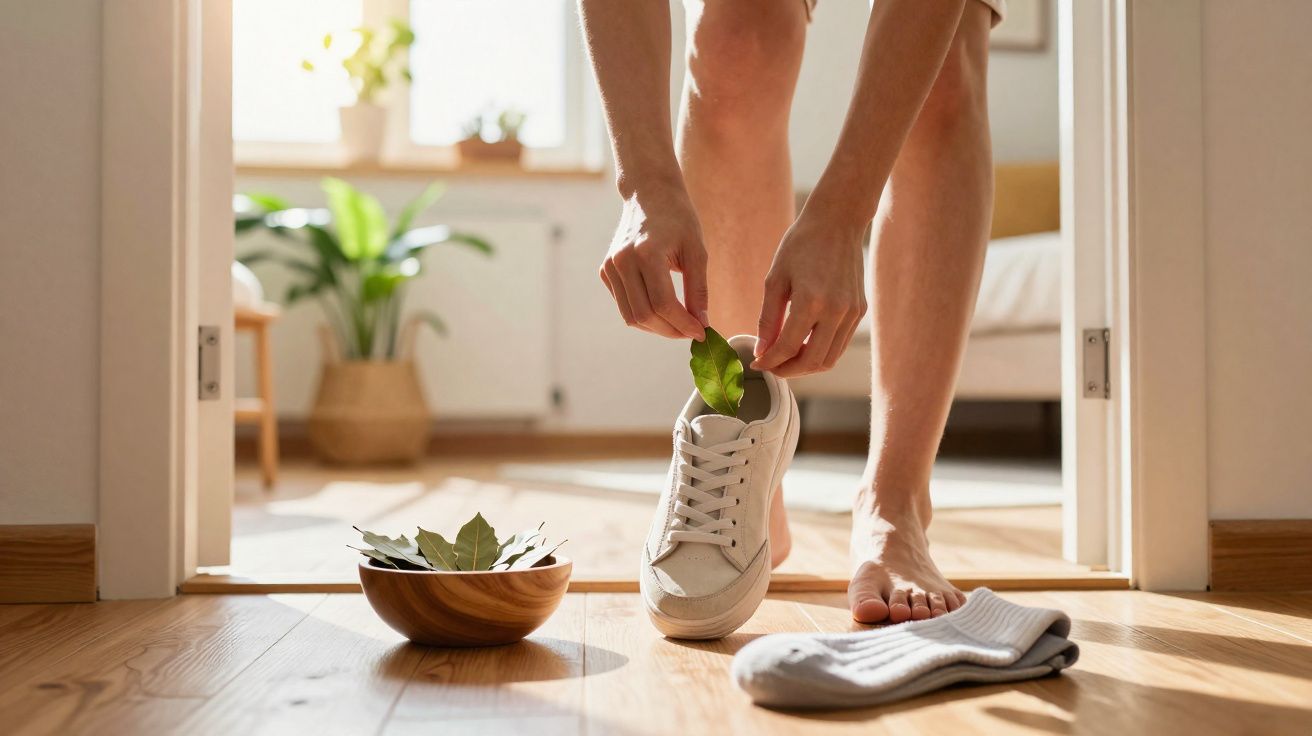 Person steckt grünes Blatt in weißen Sneaker im hellen Raum mit Holzboden und Pflanzen.