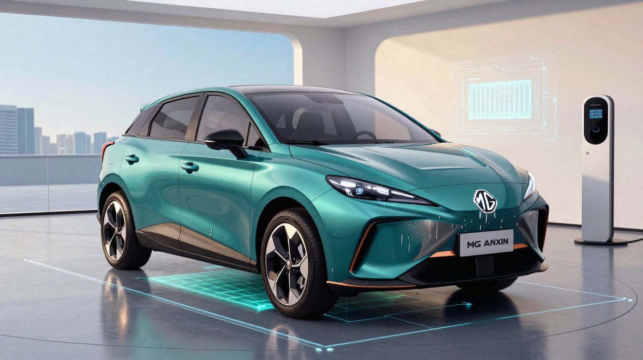 Grünes Elektroauto MG Anxin steht in modernem Raum neben Ladestation mit digitaler Anzeige