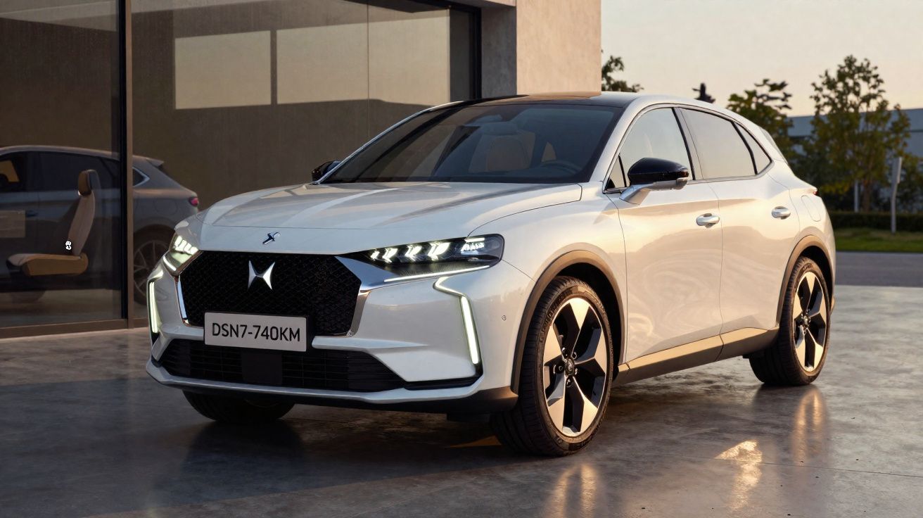 Weißer DS7 Crossback SUV parkt vor modernem Gebäude bei Sonnenuntergang.
