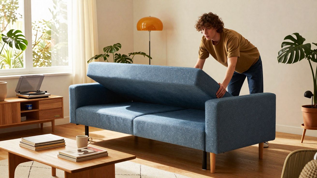 Mann hebt Sitzfläche eines blauen Schlafsofas in hellem Wohnzimmer mit Pflanzen und Holzmöbeln an.