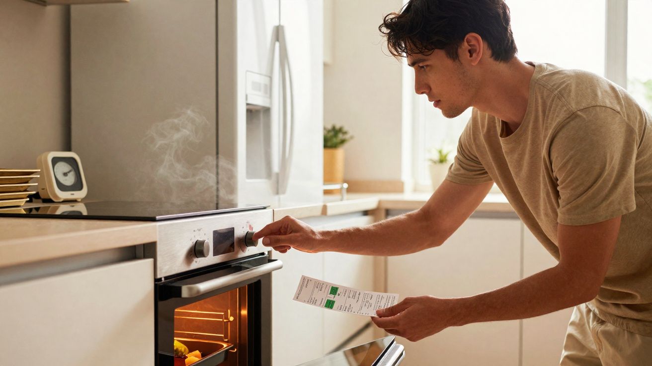 Junger Mann bedient Backofen in moderner Küche und liest dabei Anleitung oder Rezept.