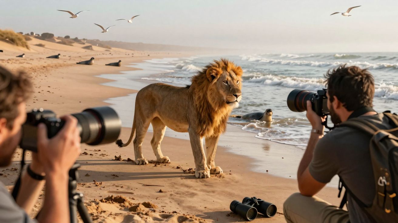Löwe am Strand, fotografiert von zwei Fotografen, im Hintergrund Seehunde und Möwen am Meer.