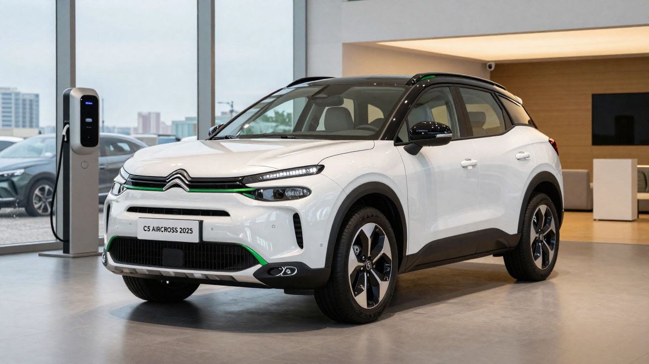 Weißer Citroën C5 Aircross 2025 SUV im Showroom neben Ladestation.