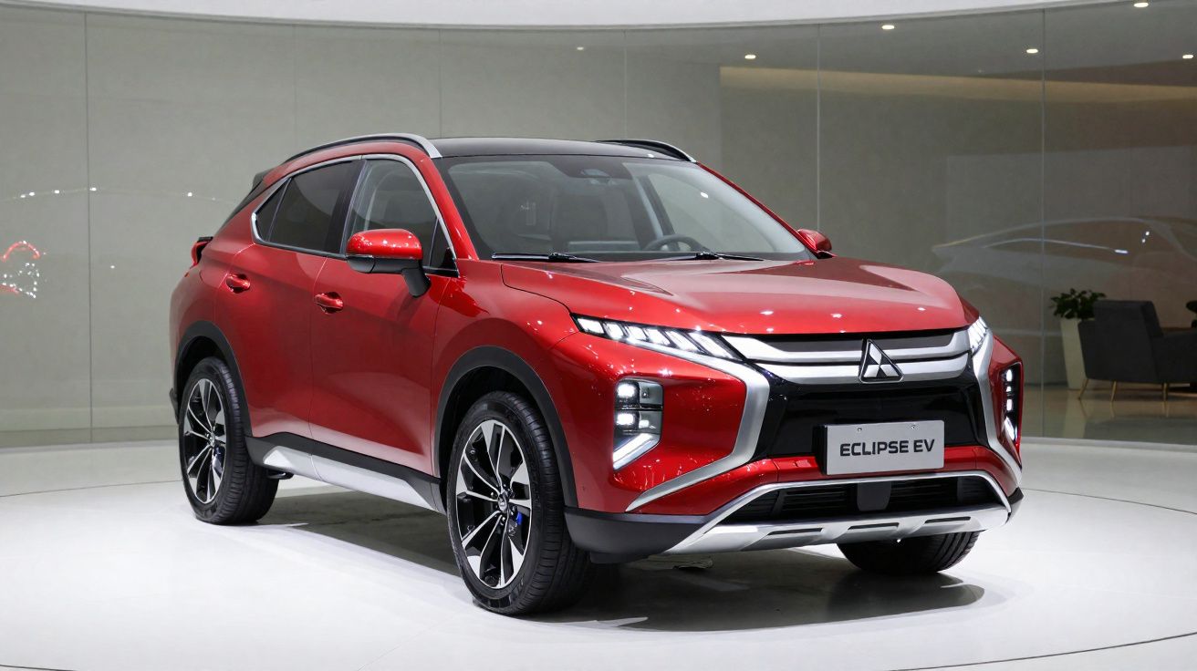 Roter Mitsubishi Eclipse EV SUV stehend in einem modernen Ausstellungsraum mit Glaswänden.