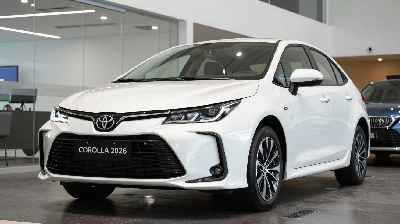 Weißer Toyota Corolla 2026 im Autohaus, Front- und Seitenansicht, moderne LED-Scheinwerfer.