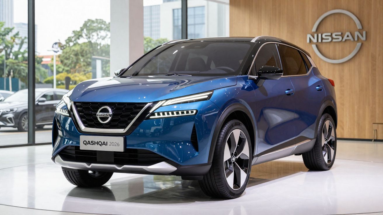 Blauer Nissan Qashqai 2026 SUV in einem modernen Ausstellungsraum mit Nissan-Logo an der Wand.