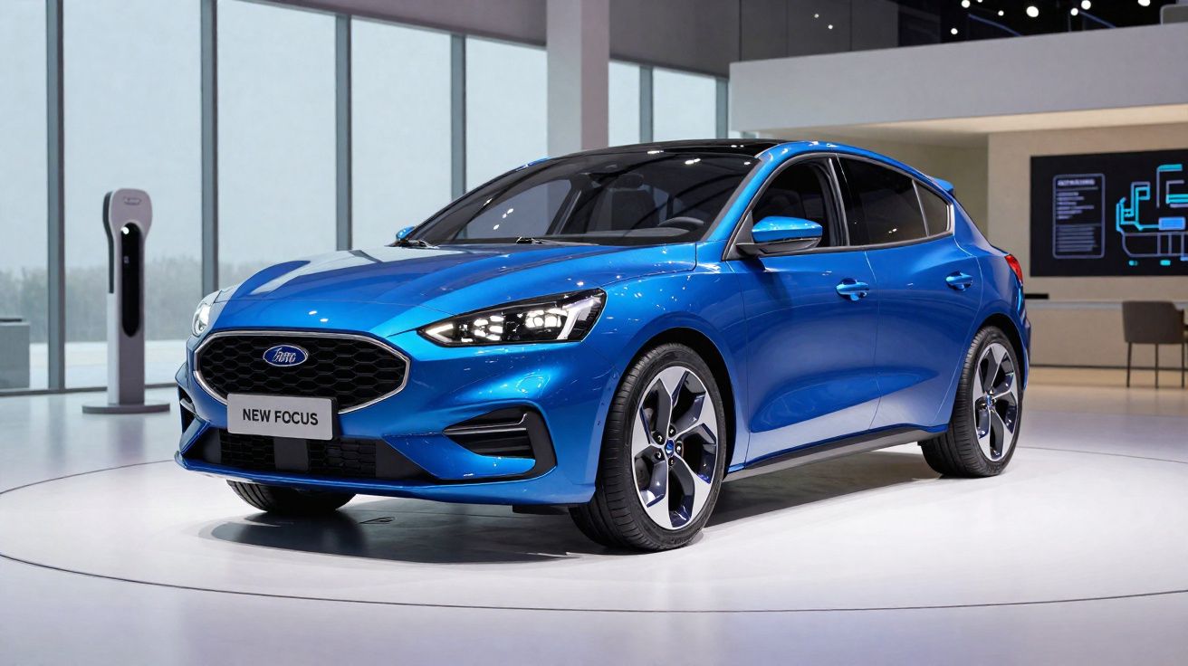 Blauer Ford New Focus auf einer Rundplattform in modernem Ausstellungsraum mit großen Fenstern.