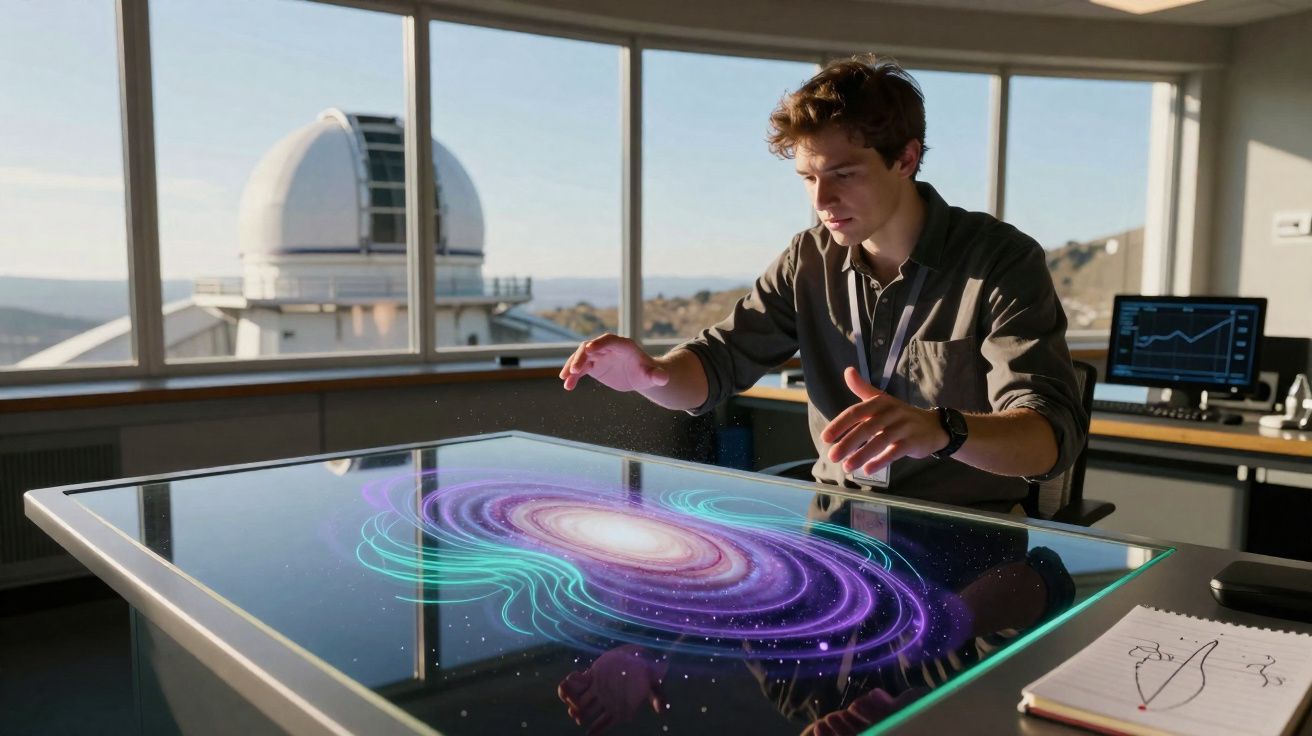 Junger Mann interagiert mit dreidimensionaler Galaxie-Hologrammdarstellung auf einem Touch-Table in einem Observatorium.