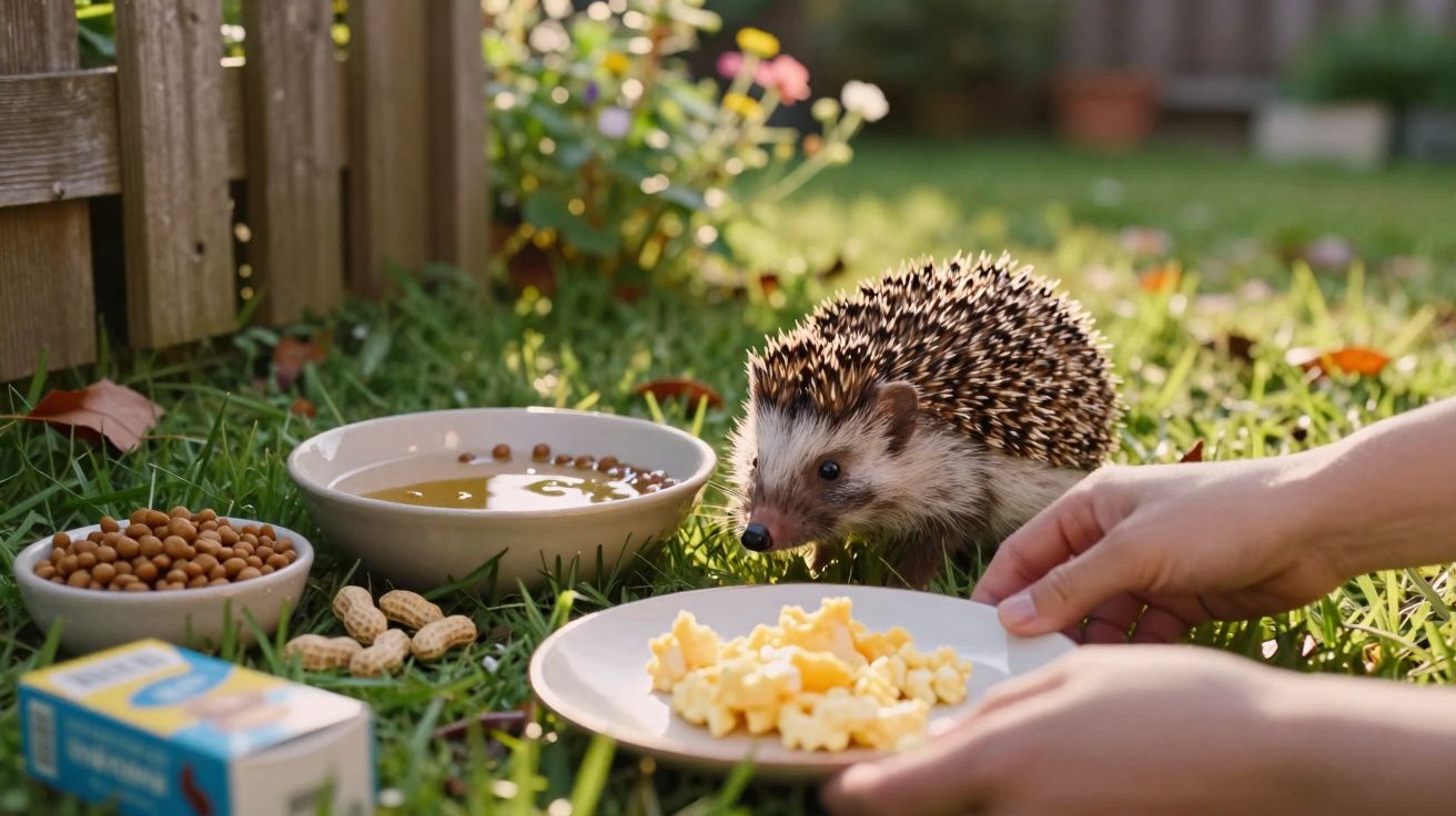 Igel auf Gras mit Futter und zwei Händen, die einen Teller mit Popcorn halten.