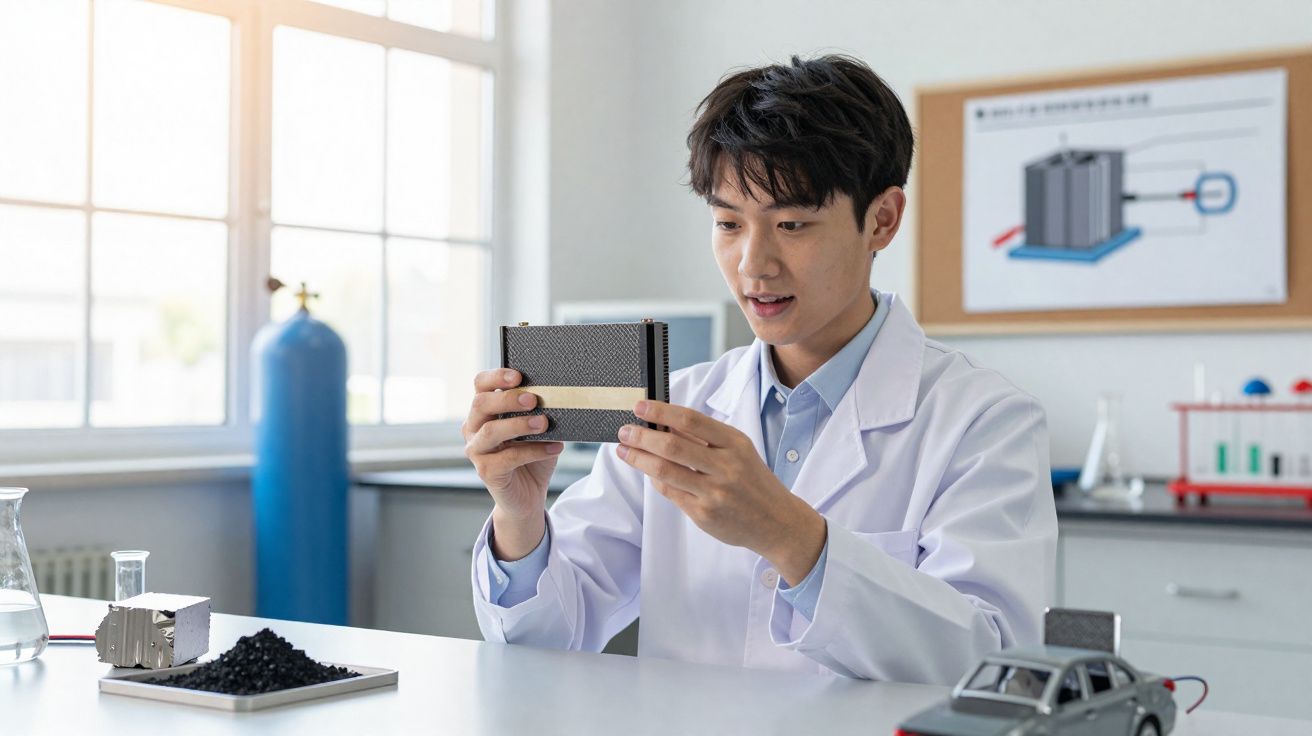 Junger Wissenschaftler im Labor untersucht eine Batterie oder Energiespeichergerät in der Hand.
