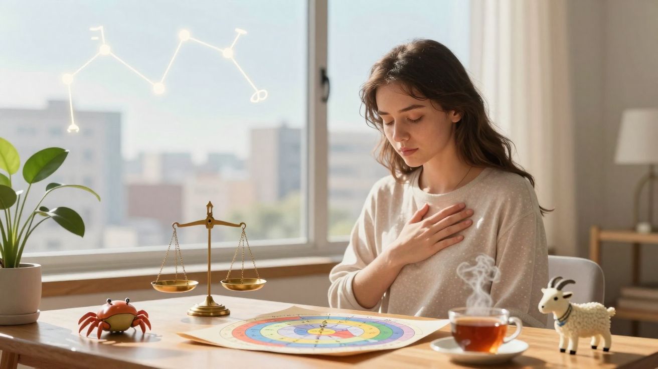 Frau liest Horoskop am Tisch mit Waage, Sternbild, Tierfiguren und dampfendem Tee vor Fenster.